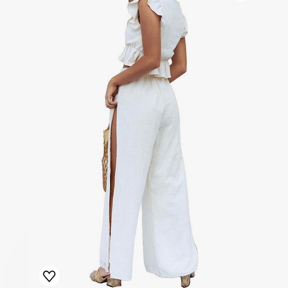 FANCYINN - XL - 2 PC WHITE DEEP V RUFFLE TRIM CROP TOP & SIDE SLIT WIDE LEG PANT - Picture 2 of 7